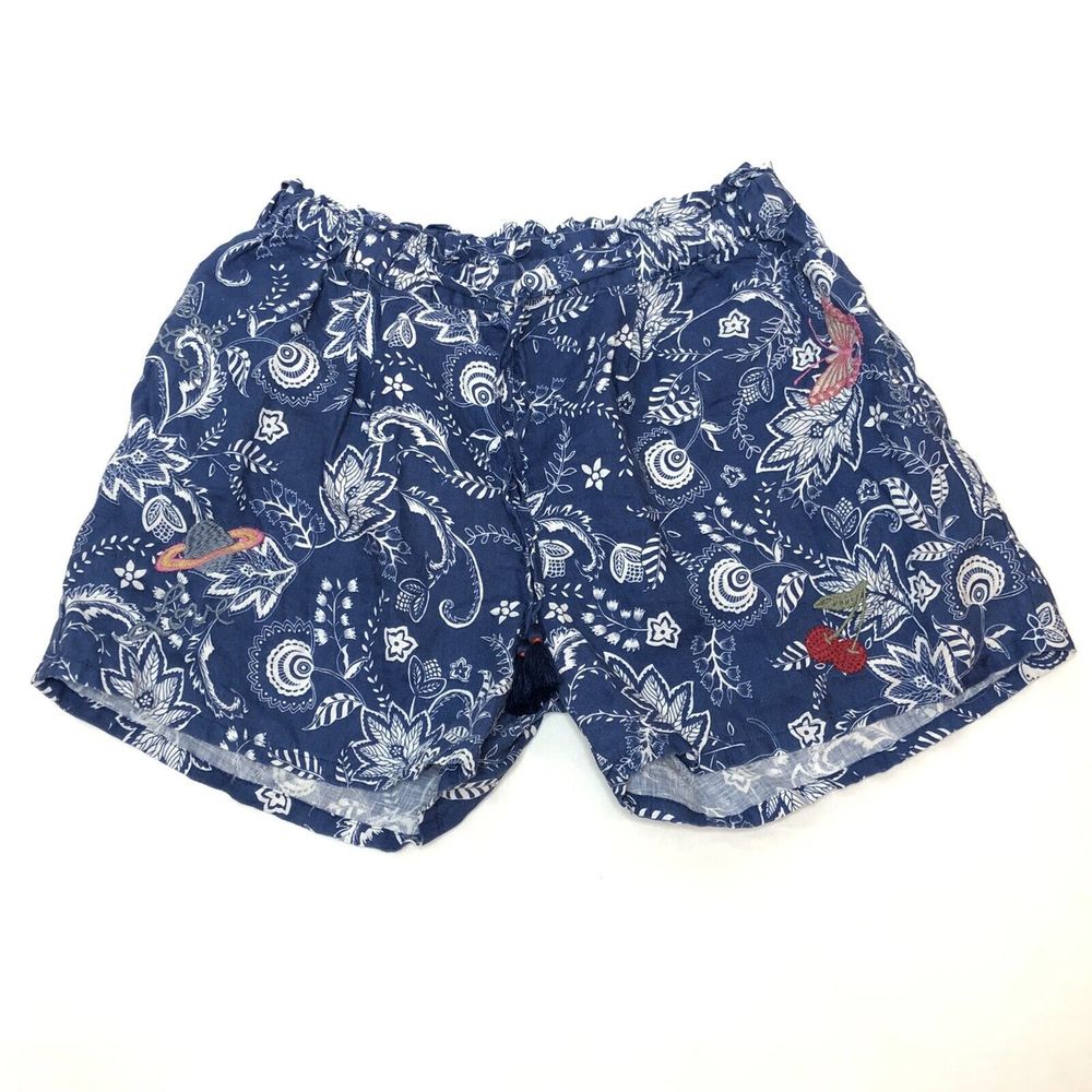 Johnny Was Workshop Linen Embroidered Paperbag Shorts XS Blue Walking Boho W8072